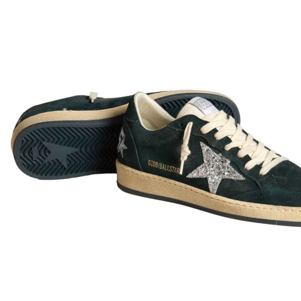 Женские кеды Golden Goose Ball Star in Green suede with Silver glitter star